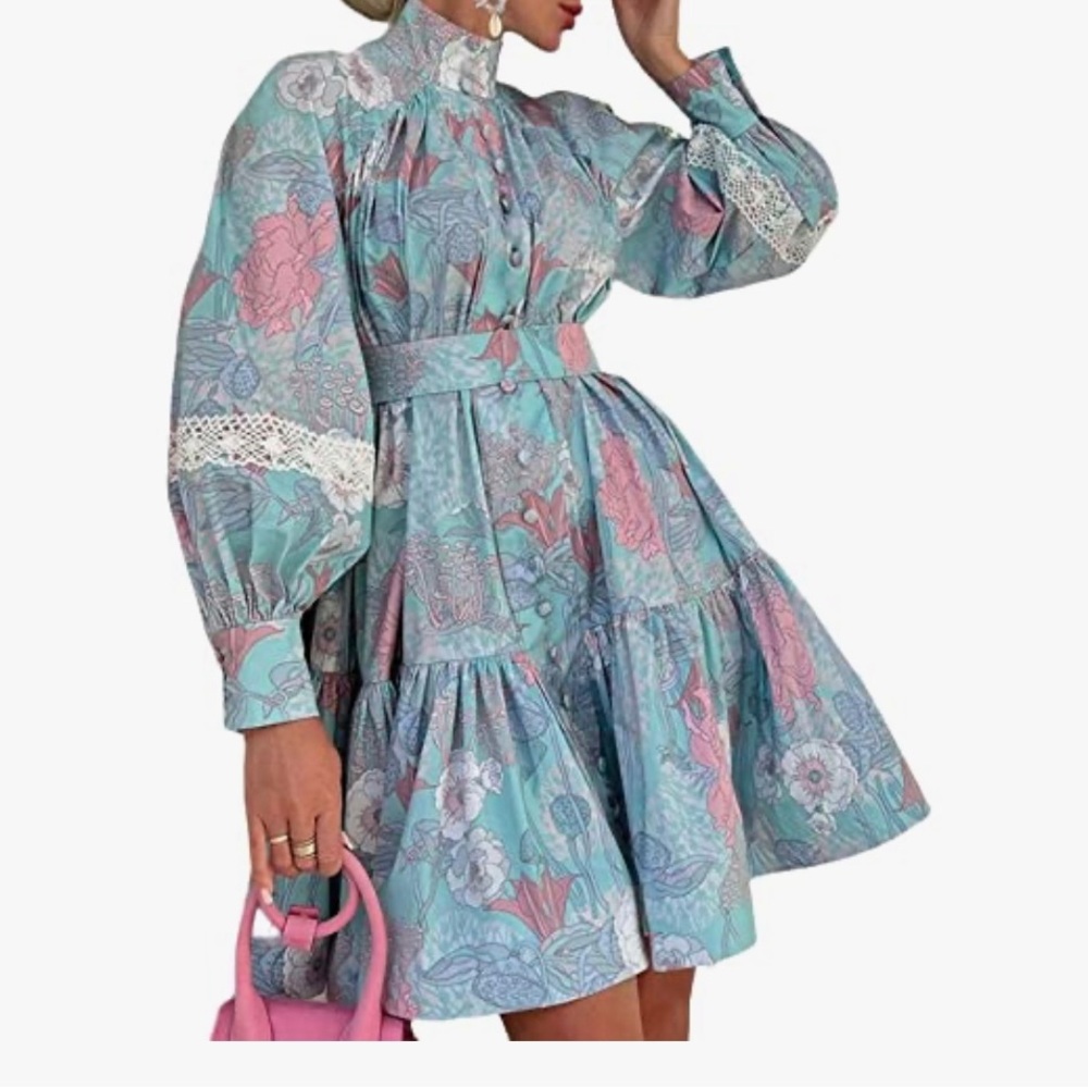 Floral Blue Dress with Lace Details